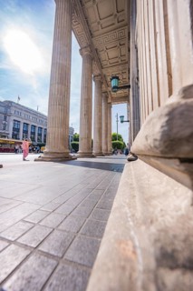 Architectural detail of pillars of a historic structure in sunshine, Dublin, Ireland