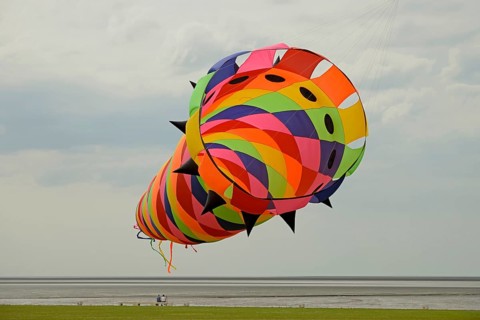 Colourful kite in the air above the dragon meadow of Norddeich, North Sea, Lower Saxony, Germany