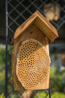 A wooden insect hotel with many boreholes, mounted on a grid in sunlight, Germany