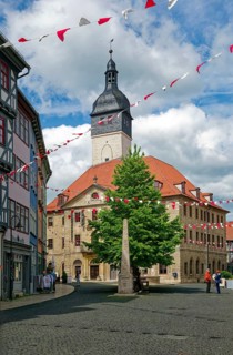 Historic post column Rathausbrunnen, town hall, market square, old town, spa town, Bad Langensalza,