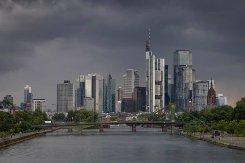 Dark rain clouds sweep across Frankfurt's banking skyline, Frankfurt am Main, Hesse, Germany
