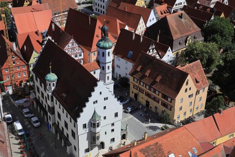 Old town and town hall, city view from above, from Daniel church tower, Nördlingen, Donau-Ries