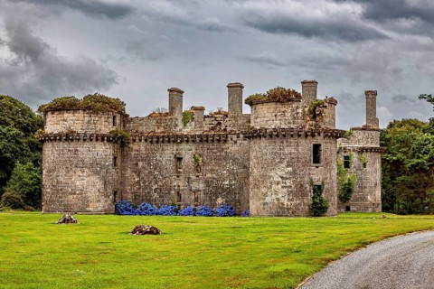 Old stone castle ruins with round towers against a cloudy sky surrounded by nature, The ruins of