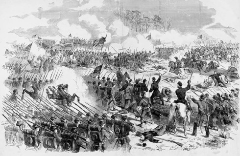 This historical illustration depicts the decisive assault by Union troops under General Ambrose