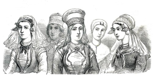 Trachten der Frauen aus Holland, c. 1860. From left - Beijerland, South Holland - Ille Schockland,