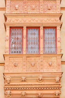 Head house, La Maison des Tetes, façade decorated with heads, Colmar, Haut-Rhin, Alsace, Grand Est,