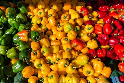 Peppers (Capsicum) – green, yellow and red – at a market stall in Enschede, the Netherlands