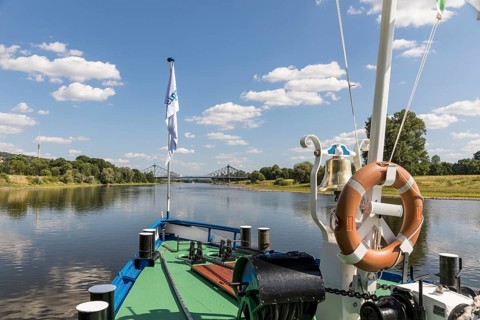 On the Elbe in Dresden, here at the Blue Wonder, Dresden, Saxony, Germany, with the historic paddle