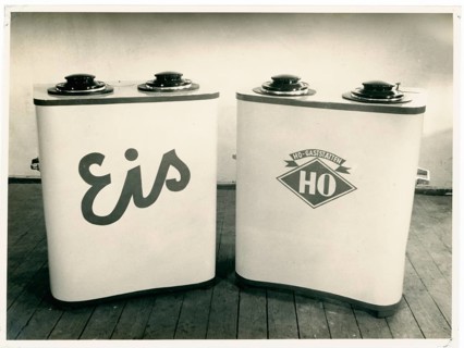 DDR, HO, DDR design, consumption, Two ice cream containers with valves in a simple room on wooden