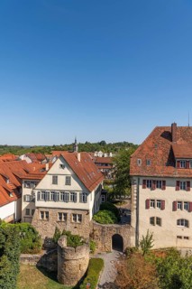 View from above over the roofs of the old town of Marbach am Neckar, city wall with the roundel