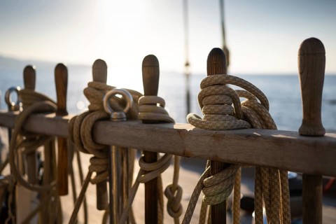 Holpins or nail nails stuck through a board, including coffee nails, linen and ropes, sailing ship,