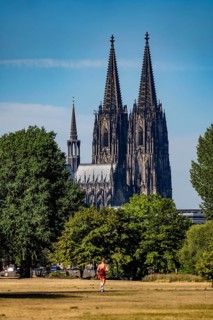 View from the Rhine Park on the right bank of the Rhine, Cologne-Deutz, Cologne Cathedral, summer,