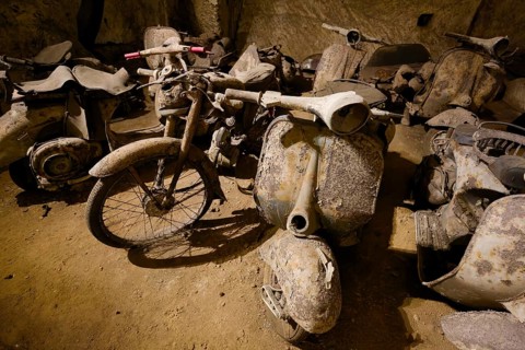 Rotten mopeds from the 1950s, Galleria Borbonica, Bourbon Tunnel, Naples underground, Campania