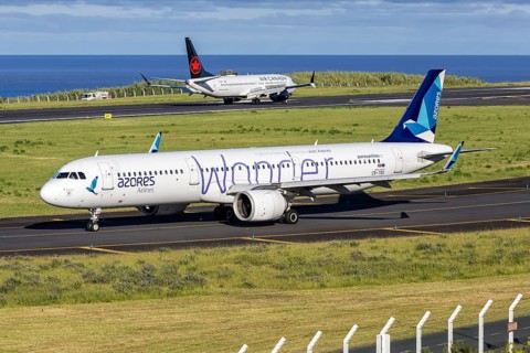 An Azores Airlines Airbus A321neo aircraft with the license plate CS-TSG at Ponta Delgada Airport,