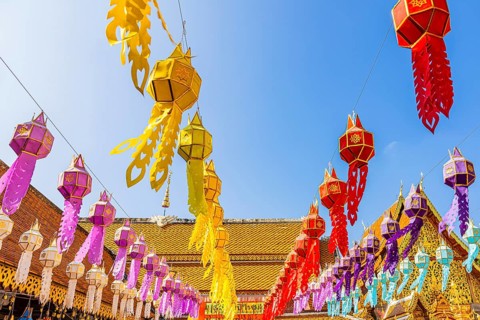 Colourful lanterns lined up in the Wat Phra That Doi Suthep temple complex, Chiang Mai, Thailand