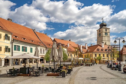 The Little Ring or Pia?a Mica square in the old town with Casa Artelor and Council Tower seen from