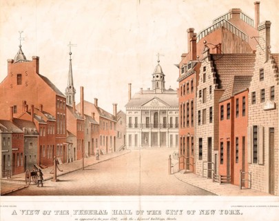 Federal Hall in New York City as it looked in 1797. The building originally served as a city hall