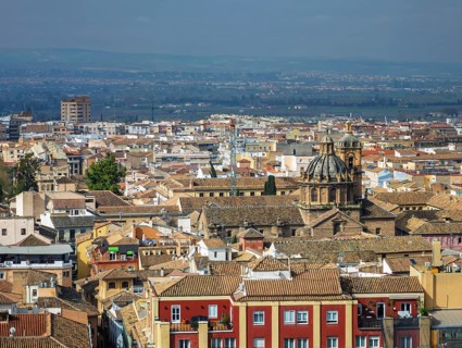 Aerial view of Church of Saints Justo and Pastor baroque church in Granada, Spain, showing granada
