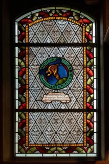 Interior view, stained glass window, Old Island Church, Spiekeroog, East Frisia, Lower Saxony,
