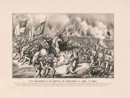 Brigadier General Thomas Francis Meagher riding a horse during the Battle of Fair Oaks, Seven