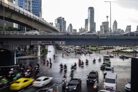 Bangkok, Thailand. August 18th 2026. A busy traffic in downtown central Bangkok during the evening