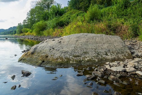 Hungerstein in the Elbe, Pirna-Oberposta during severe low tide on 16.08.2026, Pirna, Saxony,