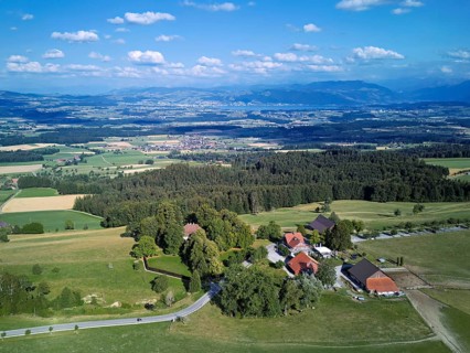 View of Horben viewpoint, Reuss Valley and Lake Zug in the back, Beinwil Freiamt, Canton of Aargau,