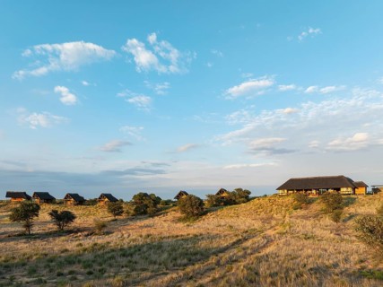 The Ta Shebube Rooiputs Lodge in the Kalahari Desert during the rainy season with green vegetation.