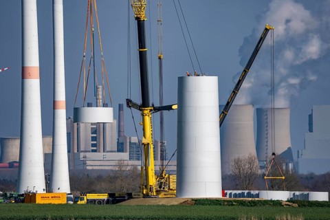 Construction site of the new Bedburg 3 wind farm, on recultivated open-cast mining site, 9 wind
