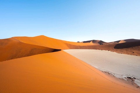 Dead Vlei, sand dune and white salt pan in the Namib Desert, Namib Naukluft Park, Namibia