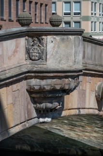 Detail, historic meat bridge built over Pegnitz in 1597, the relief is an allegorical depiction of