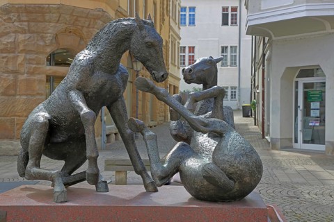 Sculpture Playing Horses by Joachim Hering 1991, modern art, bronze sculpture, life-size, two,
