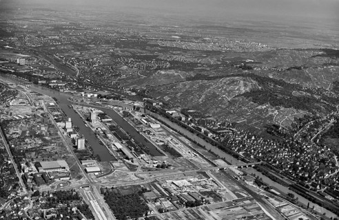 Historical aerial view of Stuttgart harbour on the Neckar, Stuttgart, Baden-Württemberg, Germany,