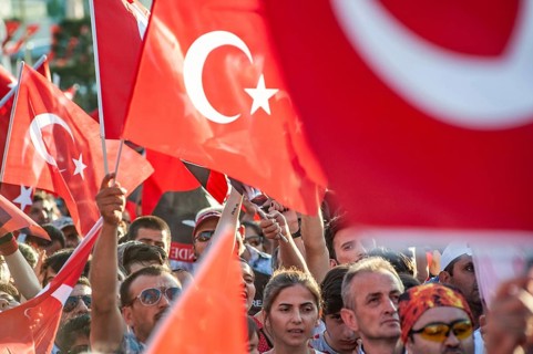 Istanbul, Turkey. 24th July 2016, Crowds fill Taksim Square in Istanbul to celebrate the failure of