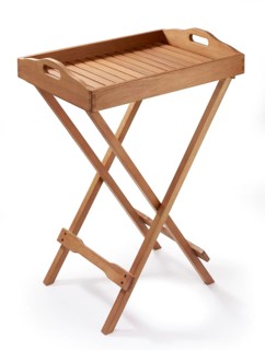 Wooden serving table, butler's table, folding tray table with removable tray in front of white