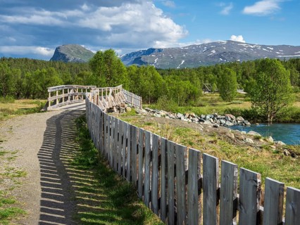 Start of hiking path Hulderstigen, upper valley of river Sjoa, bridge over the river, aerial view,