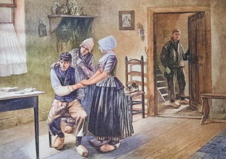 Reconciliation scene, living room, coloured wood engraving, reproduction from a model from ca.