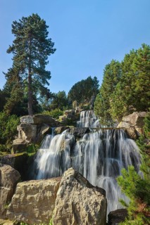 Essen, North Rhine-Westphalia, Germany - Alpinum with waterfall, Grugapark, a park in Essen,