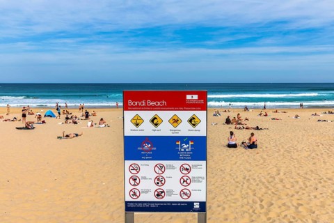 Safety information on Signage on the foreshore of Bondi Beach, Sydney, Australia