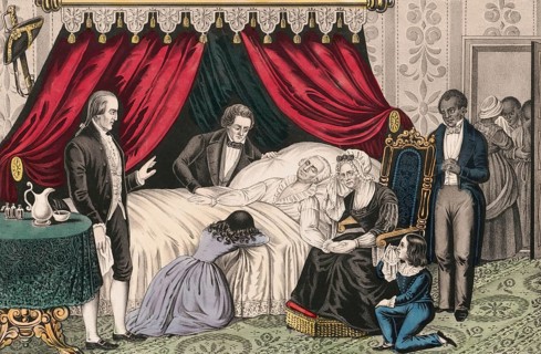 The moment of George Washington's death at his country estate, Mount Vernon, on 14 December 1799.