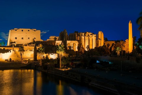 Light show, illuminated, evening, blue hour, Karnak Temple, UNESCO World Heritage Site, Luxor,