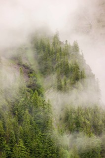 Wisps of mist cover the Karwendel mountains in the Großer Ahornboden nature reserve, Eng Valley,