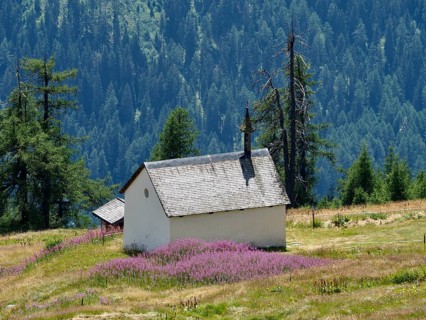A small chapel, the Chapel of Our Lady of the Snows, surrounded by flowers, blooming sally
