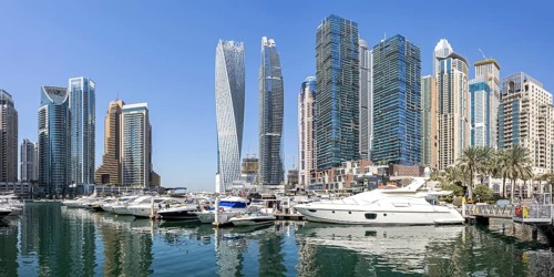 Dubai Marina Skyline panoramic skyscrapers with yachts Skyscrapers live on the waterfront in Dubai,