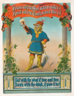 Advertising poster, beverage advertisement, German poster from 1870 advertising beer. The figure