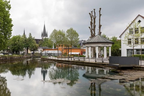 Lippequelle, Armeniusquelle and city view with Kath. St. Martin Parish Church, Bad Lippspringe,