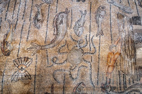 Detailed floor mosaic with geometric patterns and depictions of marine animals and a sea monster,