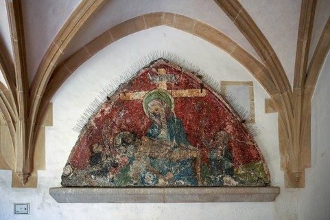 Interior photo, historical wall painting, fresco, cloister, Blaubeuren Abbey, Swabian Jura,