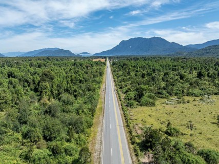 Carretera Austral, Long straight road, aerial view, Hornopirén, Patagonia, Los Lagos, Chile