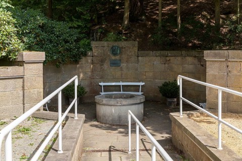Historic Goethe Fountain in Bad Elster spa garden, Vogtland, Saxony, Germany